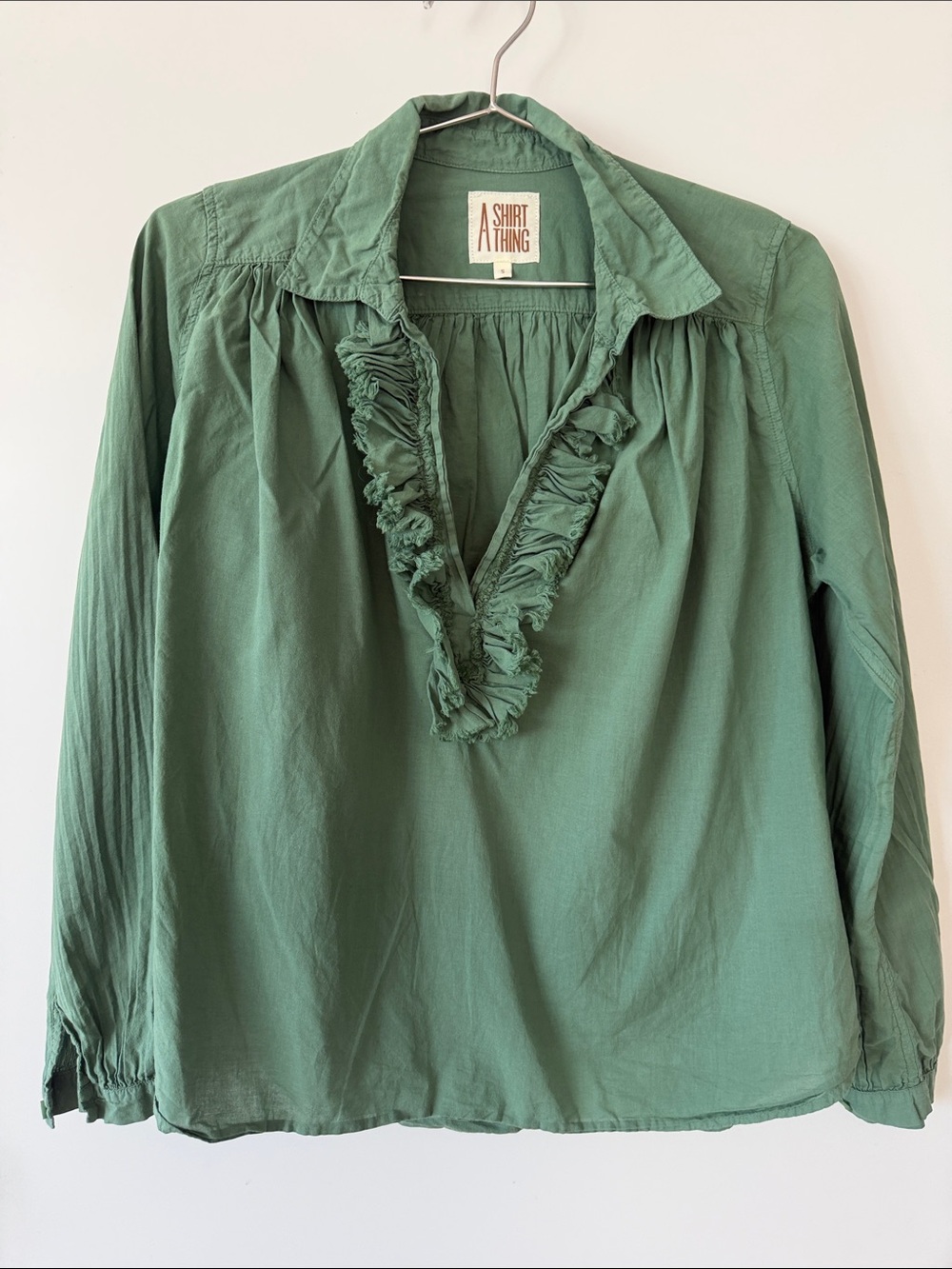 A Shirt Thing Women's Green Ruffle V-Neck Blouse